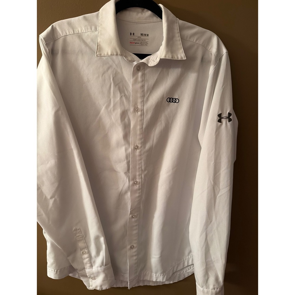 Under‎ Armour Mens Audi HeatGear Button Up Shirt White Long Sleeve Medium Loose